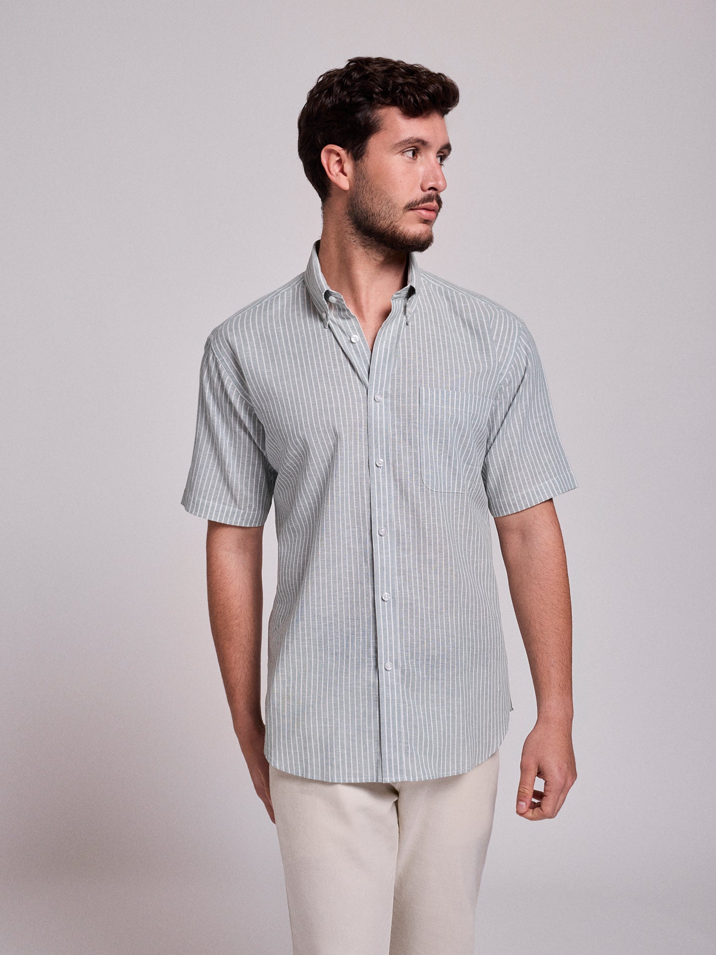 CAMISA LINO VERDE MANGA CORTA REGULAR FIT MR. AZUL