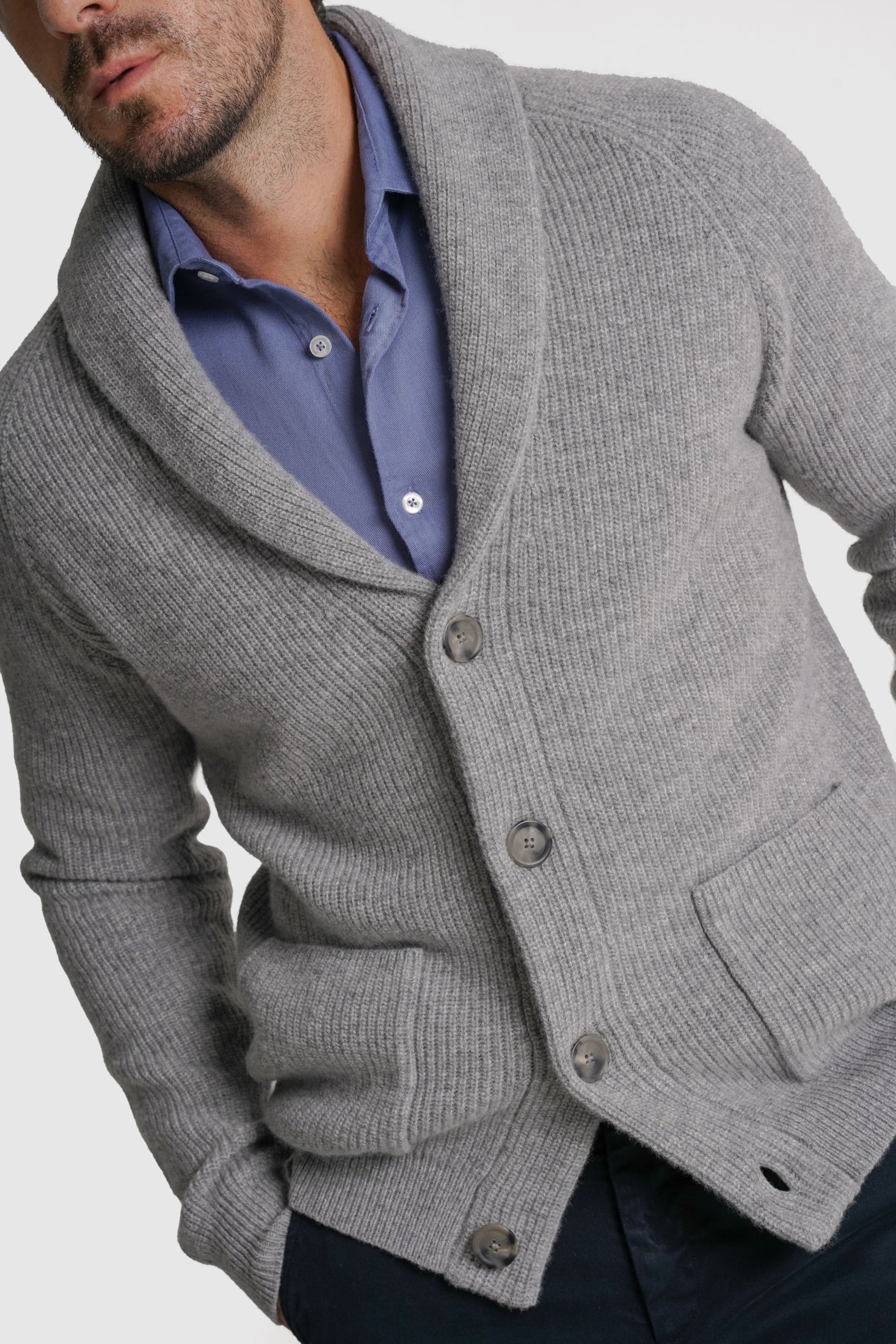 CARDIGAN LÃ MERINO REGULAR FIT CINZENTO LISO MARK BELLUCCI