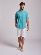 CAMISA LINHO AZUL MANGA CURTA REGULAR FIT MR. BLUE