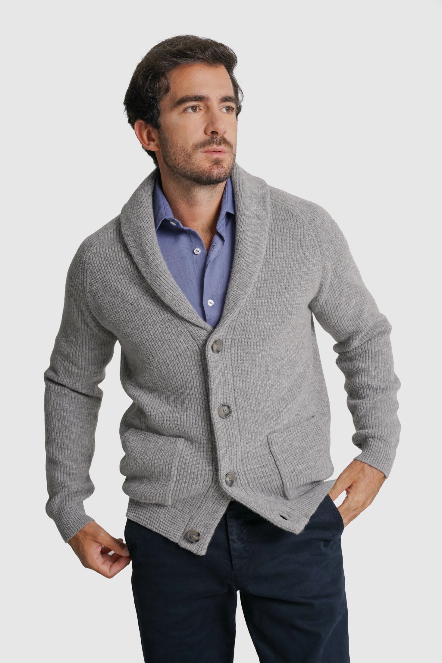 CARDIGAN LÃ MERINO REGULAR FIT CINZENTO LISO MARK BELLUCCI