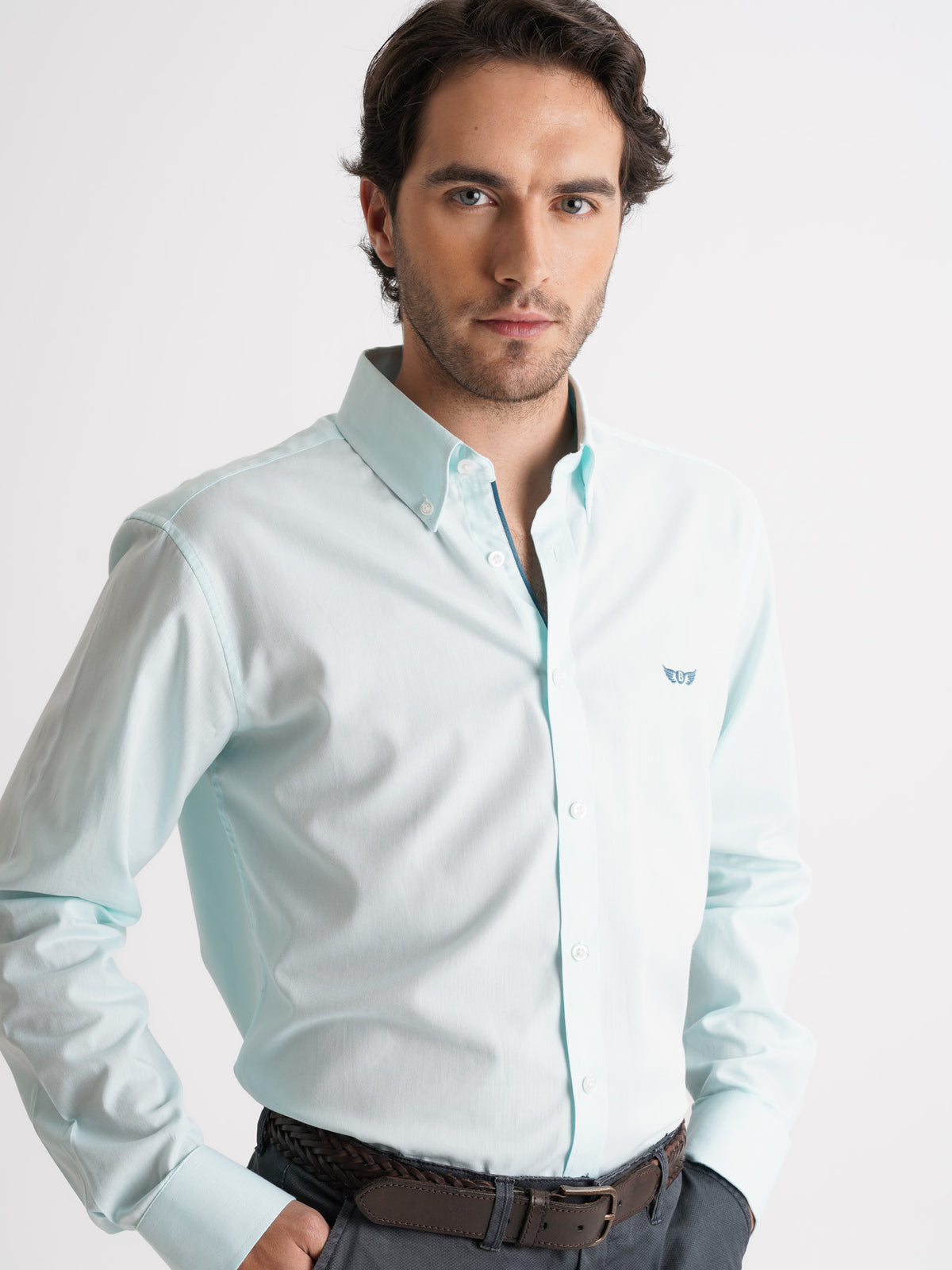 Camisa Regular Fit Herringbone Azul Mr. Blue